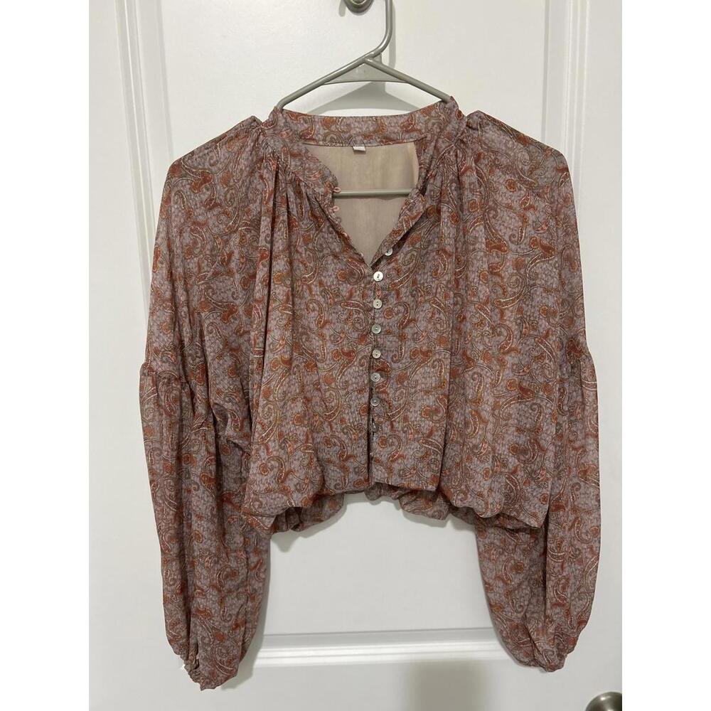 Women's Long Sleeve Paisley Button-Up Blouse Size S‎